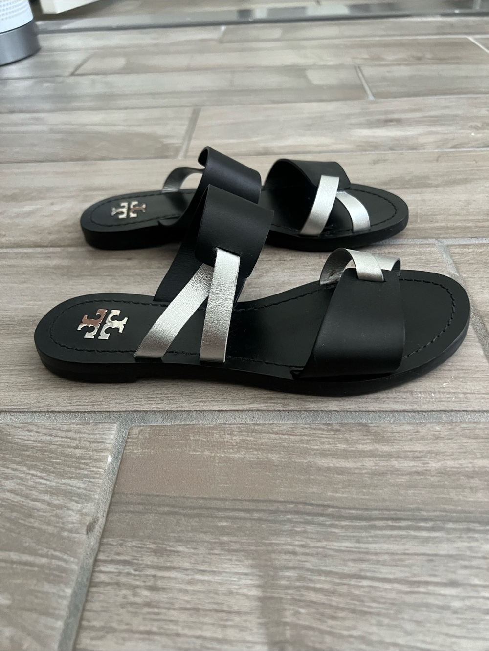 Tory Burch Black and Silver Leather Slide Sandals - Picture 2 of 5